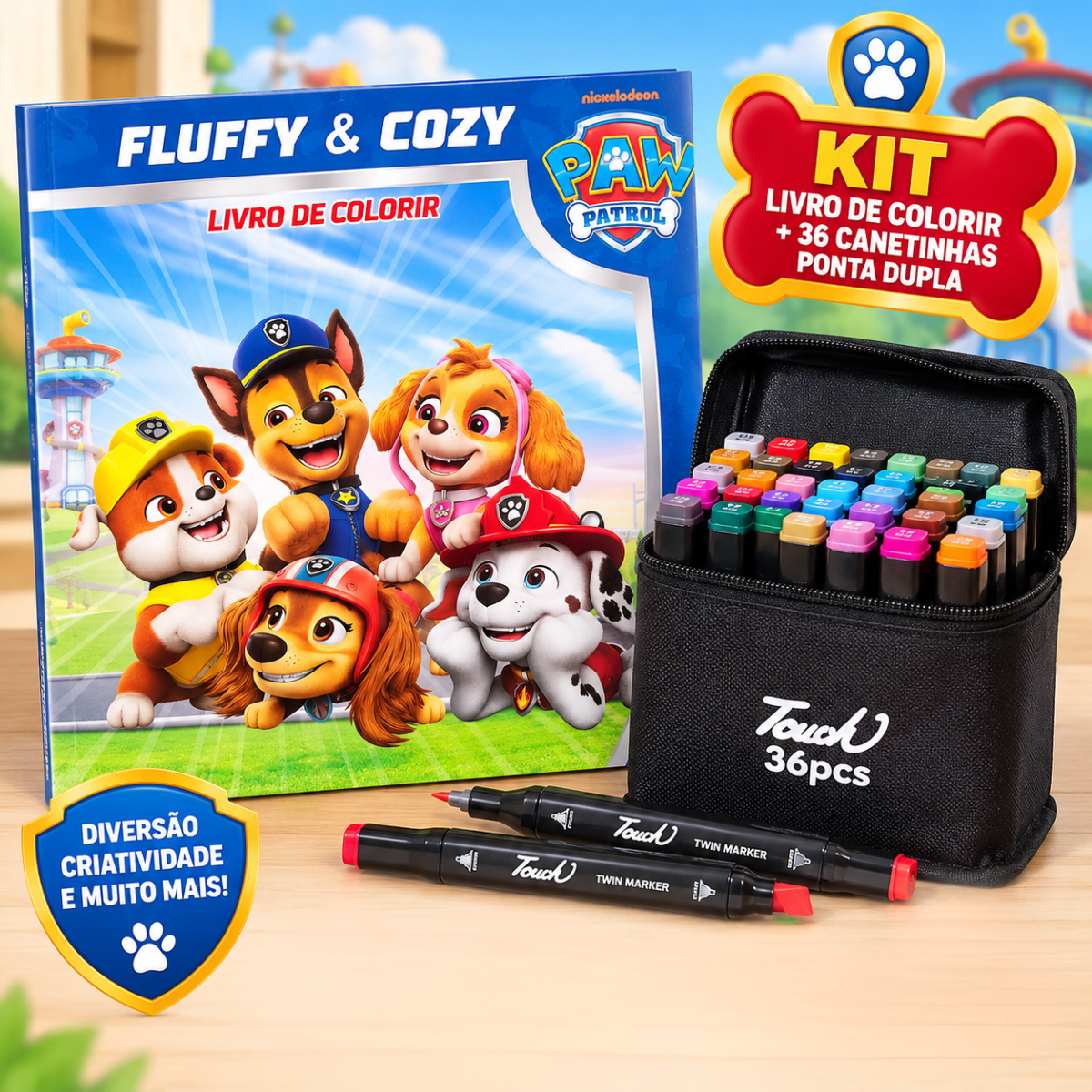 Livro de colorir Patrulha Canina ao lado do estojo com 36 canetinhas ponta dupla